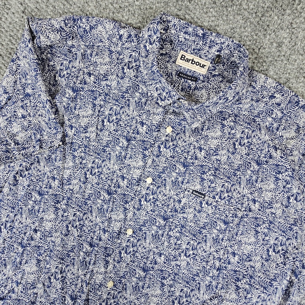Barbour Blue White Palm Leaf Print Short Sleeve Button Down Shirt Mens XXL